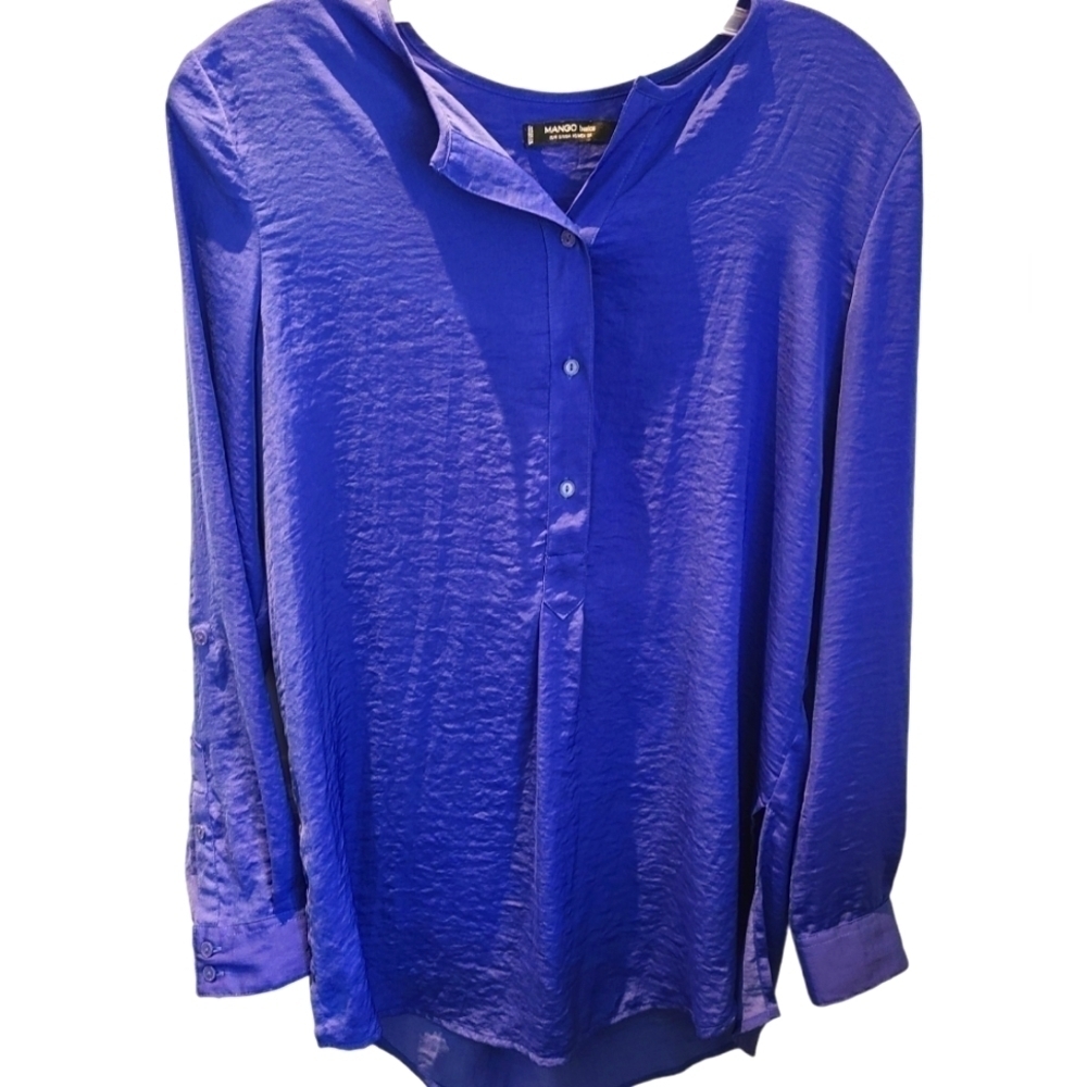 MANGO Basics Satin Finish Flowy Blouse Blue Size XS